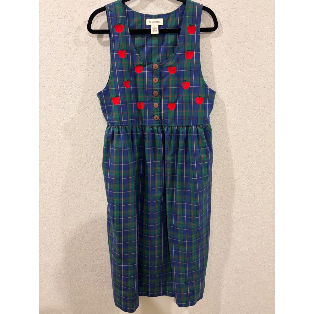 Bechamel Plaid Apple Embroidered Cotton Midi Dress Blue Green Tartan Sleeveless
